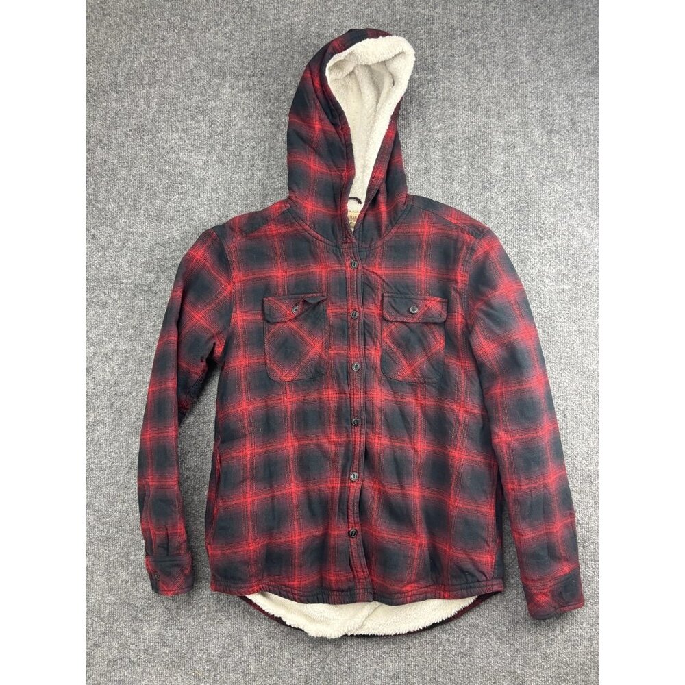 Boston Traders Jacket Mens Medium Red‎ Black Sherpa Lined Hooded Flannel Shacket